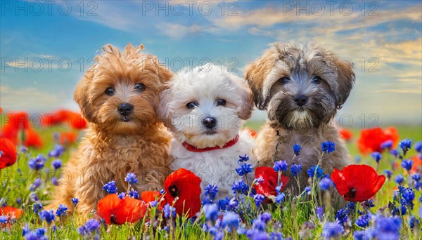 KI generated, animal, animals, mammal, mammals, Maltipoo (Canis lupus familiaris), dog, dogs, bitch, cross between poodle and Maltese, miniature poodle, small poodle, flower meadow, one bitch and two puppies