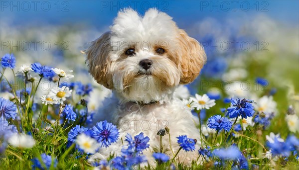 KI generated, animal, animals, mammal, mammals, Maltipoo (Canis lupus familiaris), dog, dogs, bitch, cross between poodle and Maltese, dwarf poodle, small poodle, flower meadow, puppy, cream, white, cornflowers