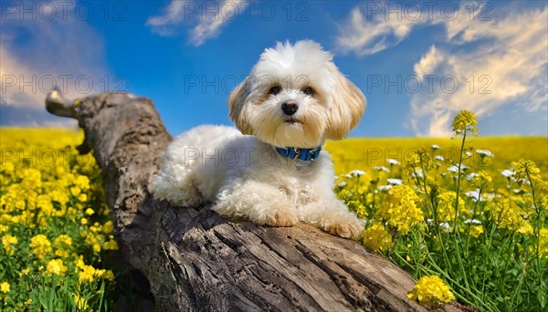 KI generated, animal, animals, mammal, mammals, Maltipoo (Canis lupus familiaris), dog, dogs, bitch, cross between poodle and Maltese, dwarf poodle, small poodle, flower meadow, tree trunk, small puppy lying on tree trunk in front of rape field