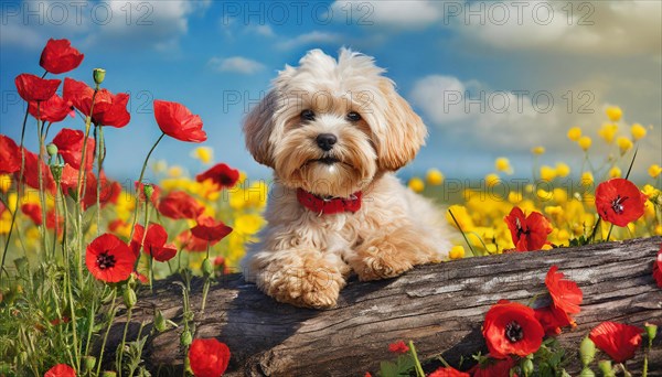 KI generated, animal, animals, mammal, mammals, Maltipoo (Canis lupus familiaris), dog, dogs, bitch, cross between poodle and Maltese, dwarf poodle, small poodle, flower meadow, tree trunk, small puppy lying on tree trunk, flowers