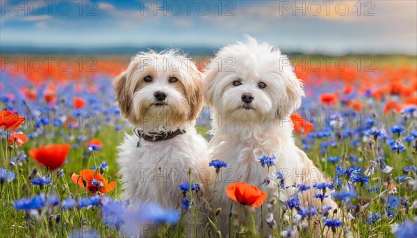 KI generated, animal, animals, mammal, mammals, Maltipoo (Canis lupus familiaris), dog, dogs, bitch, cross between poodle and Maltese, dwarf poodle, small poodle, flower meadow, two, pair, cream, white, cornflowers, poppies