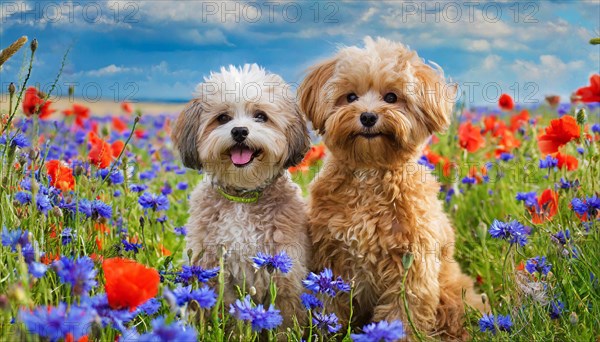 KI generated, animal, animals, mammal, mammals, Maltipoo (Canis lupus familiaris), dog, dogs, bitch, cross between poodle and Maltese, dwarf poodle, small poodle, flower meadow, two, bitch with puppy