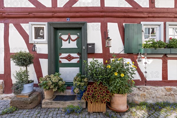 Old half-timbered house, decorated with flowers, carved entrance door, idyllic alley, old town, Ortenberg, Vogelsberg, Wetterau, Hesse, Germany, Europe