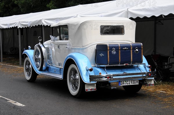 Cadillac Imperial Phaeton, built in 1930, rear view of a blue and white classic convertible next to a tent, SOLITUDE REVIVAL 2011, Stuttgart, Baden-Wuerttemberg, Germany, Europe