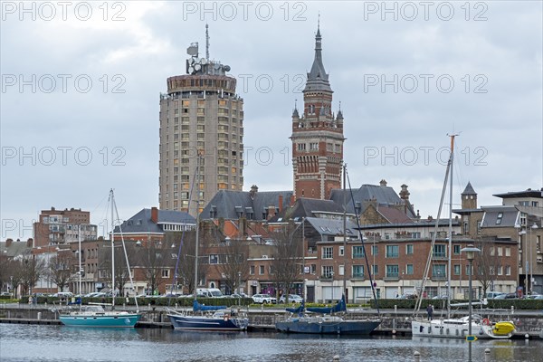 Boats, marina, skyscraper, houses, tower of the Hotel de Ville, town hall, Dunkirk, France, Europe