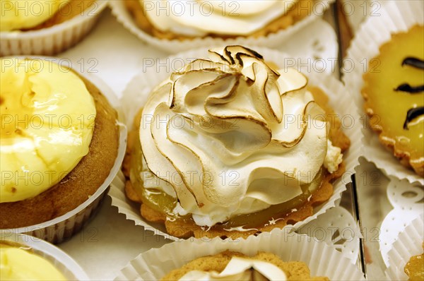 Marseille, lemon tartlet with impressive whipped cream decoration in close-up, Marseille, Departement Bouches-du-Rhone, Provence-Alpes-Cote d'Azur region, France, Europe