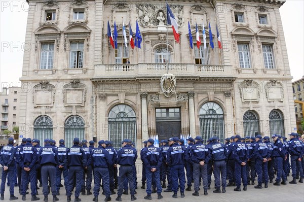 Marseille city hall, police in uniformed line in front of a public building, Marseille, Departement Bouches-du-Rhone, Provence-Alpes-Cote d'Azur region, France, Europe