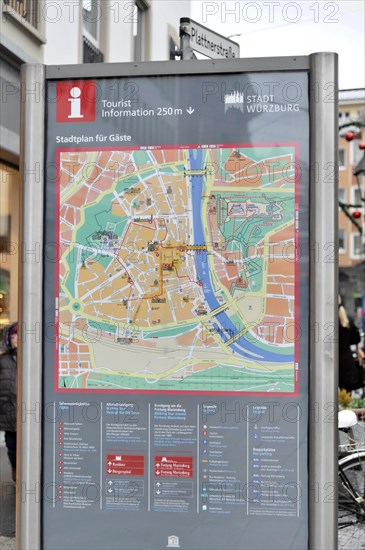 Wuerzburg, information board with city map offers tourists orientation in Wuerzburg, Wuerzburg, Lower Franconia, Bavaria, Germany, Europe