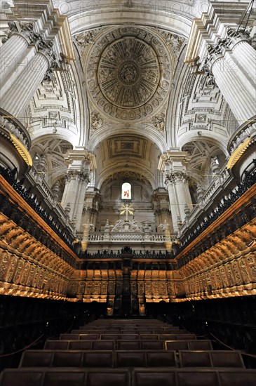 Jaen, Catedral de Jaen, Cathedral of Jaen from the 13th century, Renaissance art epoch, Jaen, panoramic view of the interior of a magnificent theatre with stage and seats, Jaen, Andalusia, Spain, Europe