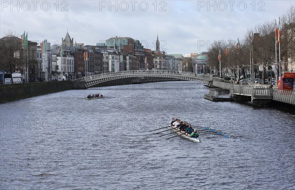 Rowers on the Liffey train for the colours race between UCD and Trinity. Dublin, Ireland, Europe