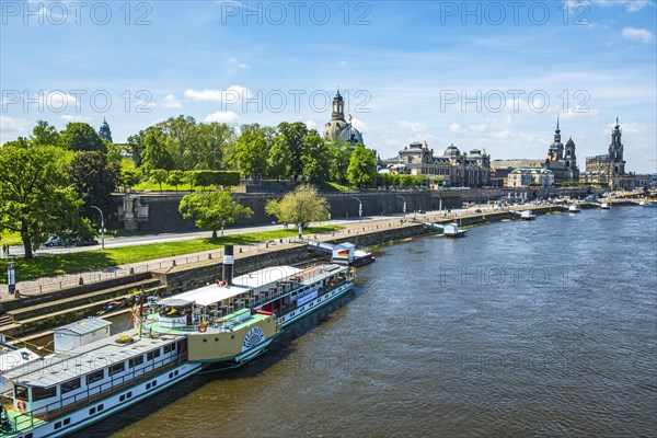 View of the historic old town ensemble and the steamer landing stage on the Terrassenufer in Dresden, Saxony, Germany, Europe