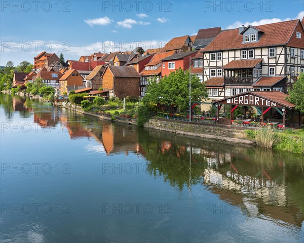 Werra with waterfront of the historic old town of Allendorf, Hessisches Bergland, Werratal, Bad Sooden-Allendorf, Hesse, Germany, Europe