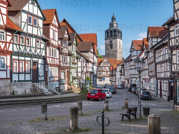 St Crucis Church and half-timbered houses in the historic old town of Allendorf, Hessisches Bergland, Werratal, Werra, Bad Sooden-Allendorf, Hesse, Germany, Europe