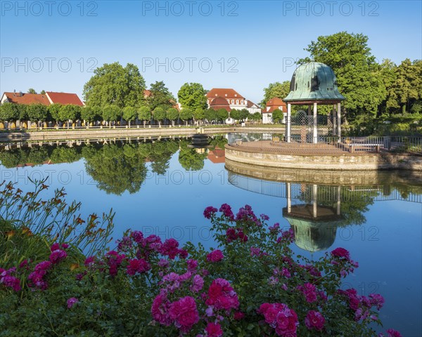 Historic spa facilities, park pond with Christiane-Vulpius pavilion, Goethe town of Bad Lauchstaedt, Saxony-Anhalt, Germany, Europe