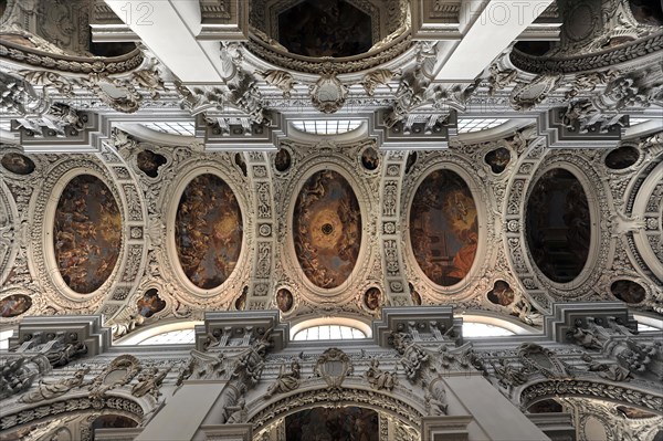 St Stephen's Cathedral, Passau, view of a richly decorated church ceiling with frescoes and stucco work in the Baroque style, Passau, Bavaria, Germany, Europe