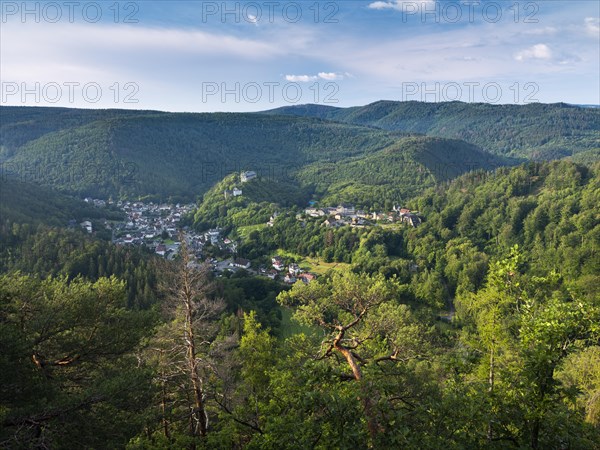 View of the Schwarzatal valley with Schwarzburg village and castle surrounded by forests, Thuringian Forest, Schwarzburg, Thuringia, Germany, Europe