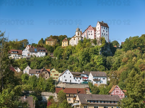 Egloffstein castle and village in the Trubach valley in autumn, Egloffstein, Upper Franconia, Franconian Switzerland, Bavaria, Germany, Europe