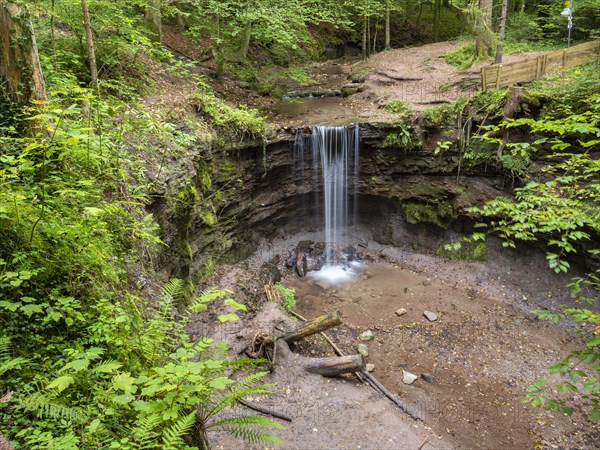 Small waterfall at Hoerschbach, Hoerschbach Valley, Swabian-Franconian Forest nature park Park, Murrhardt, Baden-Wuerttemberg, Germany, Europe