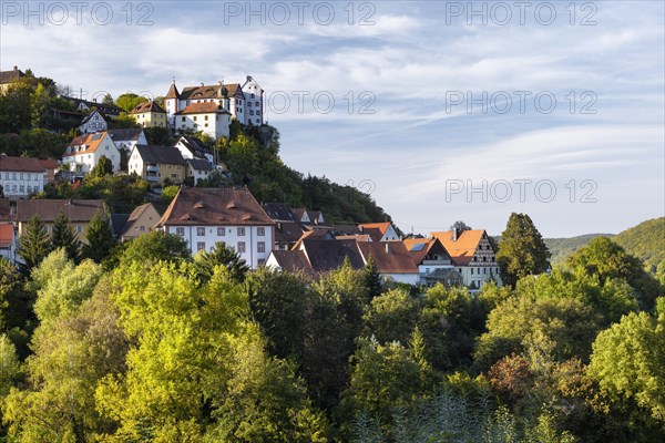 Egloffstein castle and village in the Trubach valley in autumn, Egloffstein, Upper Franconia, Franconian Switzerland, Bavaria, Germany, Europe