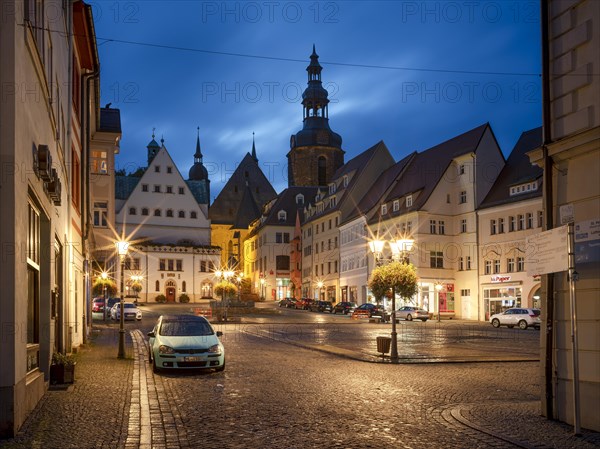 Market square with town hall, Luther monument and St Andrew's Church in the evening, Luther city Eisleben, Saxony-Anhalt, Germany, Europe