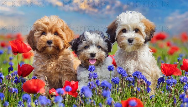 KI generated, animal, animals, mammal, mammals, Maltipoo (Canis lupus familiaris), dog, dogs, bitch, cross between poodle and Maltese, dwarf poodle, small poodle, flower meadow, bitch and two puppies