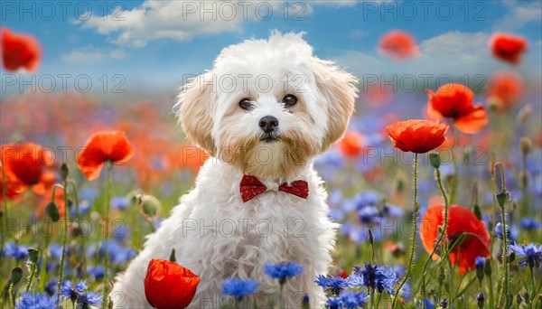 KI generated, animal, animals, mammal, mammals, Maltipoo (Canis lupus familiaris), dog, dogs, bitch, cross between poodle and Maltese, dwarf poodle, small poodle, flower meadow, puppy, cream, white