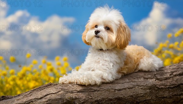 KI generated, animal, animals, mammal, mammals, Maltipoo (Canis lupus familiaris), dog, dogs, bitch, cross between poodle and Maltese, dwarf poodle, small poodle, flower meadow, tree trunk, small puppy lying on tree trunk in front of rape field