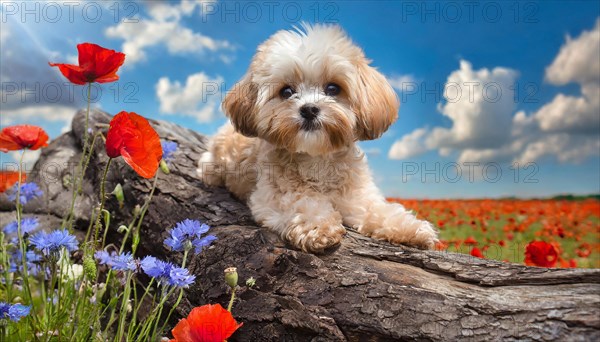 KI generated, animal, animals, mammal, mammals, Maltipoo (Canis lupus familiaris), dog, dogs, bitch, cross between poodle and Maltese, dwarf poodle, small poodle, flower meadow, tree trunk, small puppy lying on tree trunk, flowers