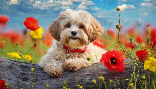 KI generated, animal, animals, mammal, mammals, Maltipoo (Canis lupus familiaris), dog, dogs, bitch, cross between poodle and Maltese, dwarf poodle, small poodle, flower meadow, tree trunk, small puppy lying on tree trunk, flowers