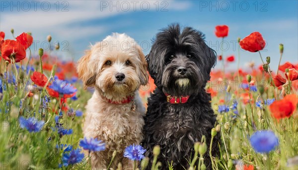 KI generated, animal, animals, mammal, mammals, Maltipoo (Canis lupus familiaris), dog, dogs, bitch, cross between poodle and Maltese, dwarf poodle, small poodle, flower meadow, two, pair, cream, black