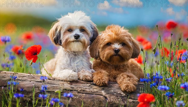 KI generated, animal, animals, mammal, mammals, Maltipoo (Canis lupus familiaris), dog, dogs, bitch, cross between poodle and Maltese, dwarf poodle, small poodle, flower meadow, two, bitch with puppy