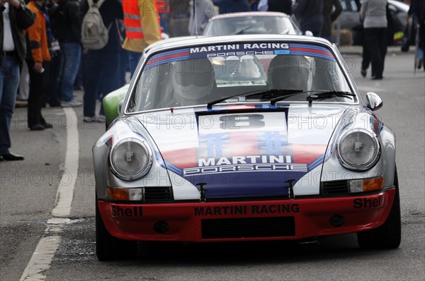 A Porsche in Martini Racing design stands ready on a race track, SOLITUDE REVIVAL 2011, Stuttgart, Baden-Wuerttemberg, Germany, Europe