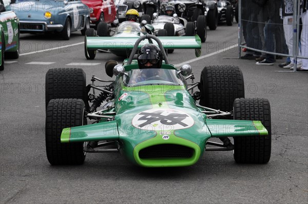 Front view of a green formula car on a race track with the driver at the wheel, SOLITUDE REVIVAL 2011, Stuttgart, Baden-Wuerttemberg, Germany, Europe