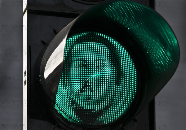 Green Engels traffic light at the Engels House, the birthplace of Friedrich Engels, historic centre, Wuppertal, North Rhine-Westphalia, Germany, Europe