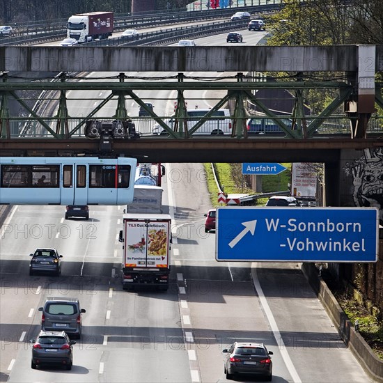 Wuppertal suspension railway crosses the A46 motorway at Sonnborner Kreuz, inner-city motorway junction, Wuppertal, North Rhine-Westphalia, Germany, Europe