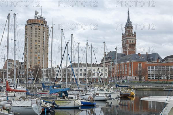 Boats, marina, skyscraper, houses, tower of the Hotel de Ville, town hall, Dunkirk, France, Europe