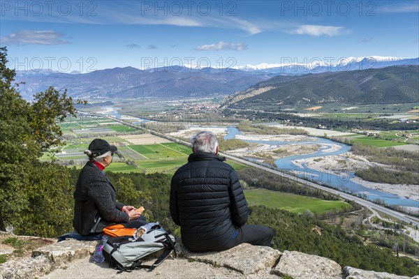 Retired, couple, man, woman, Alps, Maritime Alps, Durance, view, rest, food, break, Haute Alpes, hiking, hike, recreation, France, Europe