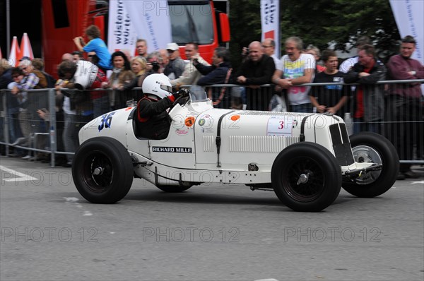 White antique racing car with the number 3 on a busy race track, SOLITUDE REVIVAL 2011, Stuttgart, Baden-Wuerttemberg, Germany, Europe