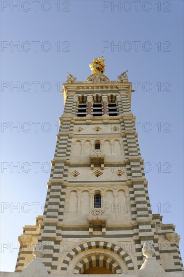 Church of Notre-Dame de la Garde, Marseille, Detailed view of a church tower with ornamental patterns, Marseille, Departement Bouches du Rhone, Region Provence Alpes Cote d'Azur, France, Europe