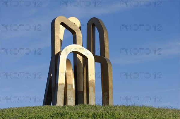Marseille, A large abstract metal sculpture stands on a grassy hill, Marseille, Departement Bouches du Rhone, Region Provence Alpes Cote d'Azur, France, Europe