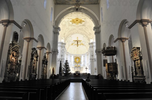 Romanesque UNESCO Kilian Cathedral, St. Kilian, Cathedral, Interior view of a baroque church with golden altar and Christmas tree, Wuerzburg, Lower Franconia, Bavaria, Germany, Europe