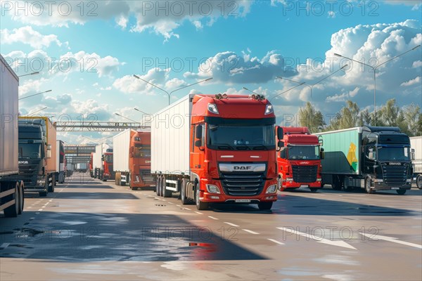 Many trucks in international long-distance traffic park at night, on weekends and over the holidays in a congested, overcrowded motorway service area, symbolic image for precarious parking situation, parking shortage for long-distance drivers, truck drivers, truckers on German motorways, AI generated, AI generated, AI generated