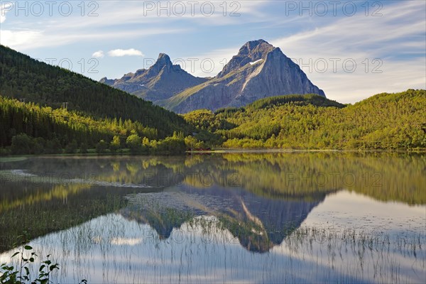Striking mountains reflected in the calm waters of a small lake, fog, Askarget, Halsa, Kystriksveien, tourist road, Nordland, Norway, Europe
