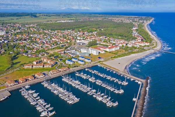 Aerial view over sailing boats at marina and seaside resort Kuehlungsborn along the Baltic Sea, Rostock district, Mecklenburg-Vorpommern, Germany, Europe