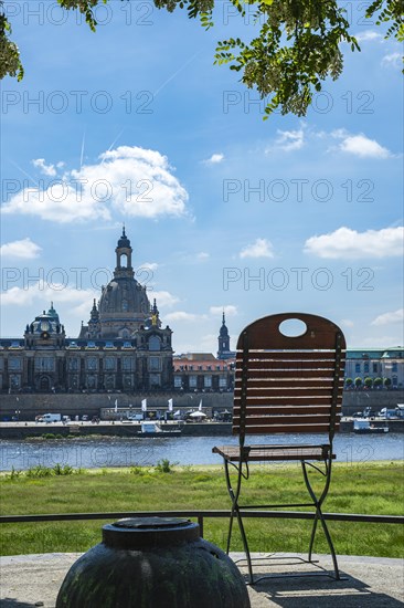 Folding chair arrangement on the Koenigsufer with a view of the Church of Our Lady and Bruehl's Terrace, Dresden, Saxony, Germany, Europe