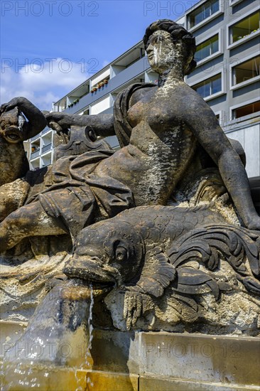 Western Nymph Fountain on the Neustaedter Markt in Dresden, Saxony, Germany, Europe