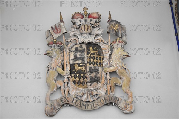 Langenburg Castle, A heraldic coat of arms with a crown and two lions, Langenburg Castle, Langenburg, Baden-Wuerttemberg, Germany, Europe