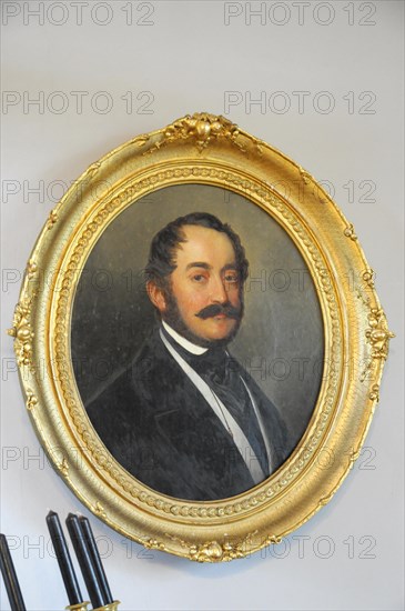 Langenburg Castle, Portrait painting of a man with a moustache in an oval gold frame, Langenburg Castle, Langenburg, Baden-Wuerttemberg, Germany, Europe