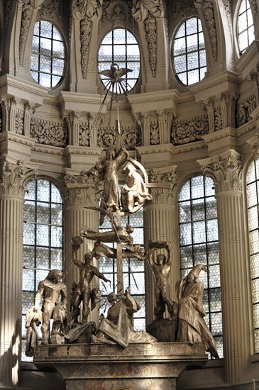 St Stephen's Cathedral, Passau, Sculpture group on a church altar with light streaming in through windows, St Stephen's Cathedral, Passau, Bavaria, Germany, Europe