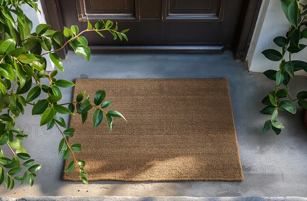 Blank welcome mat at custom front door of house. generative AI, AI generated